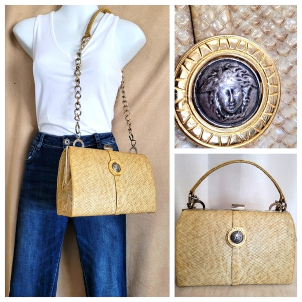 Vintage Versace like Shoulder Bag with Gold Medallion - Natural